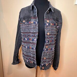 Top Shop Moto Black Size 6 Denim Jacket Embroidered Detailed Unique Style Boho